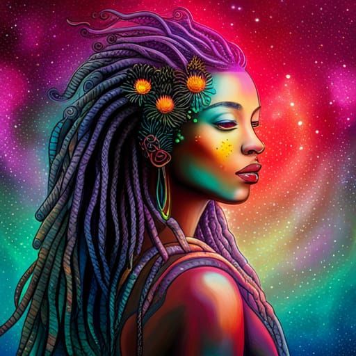 Cosmic Black Woman with Flowers: Visionary Art