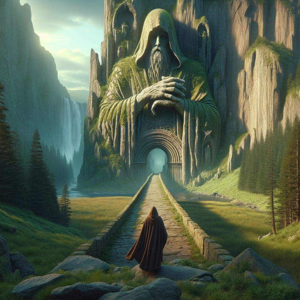 Colossal Stone Guardian Overlooks Fantasy Bridge