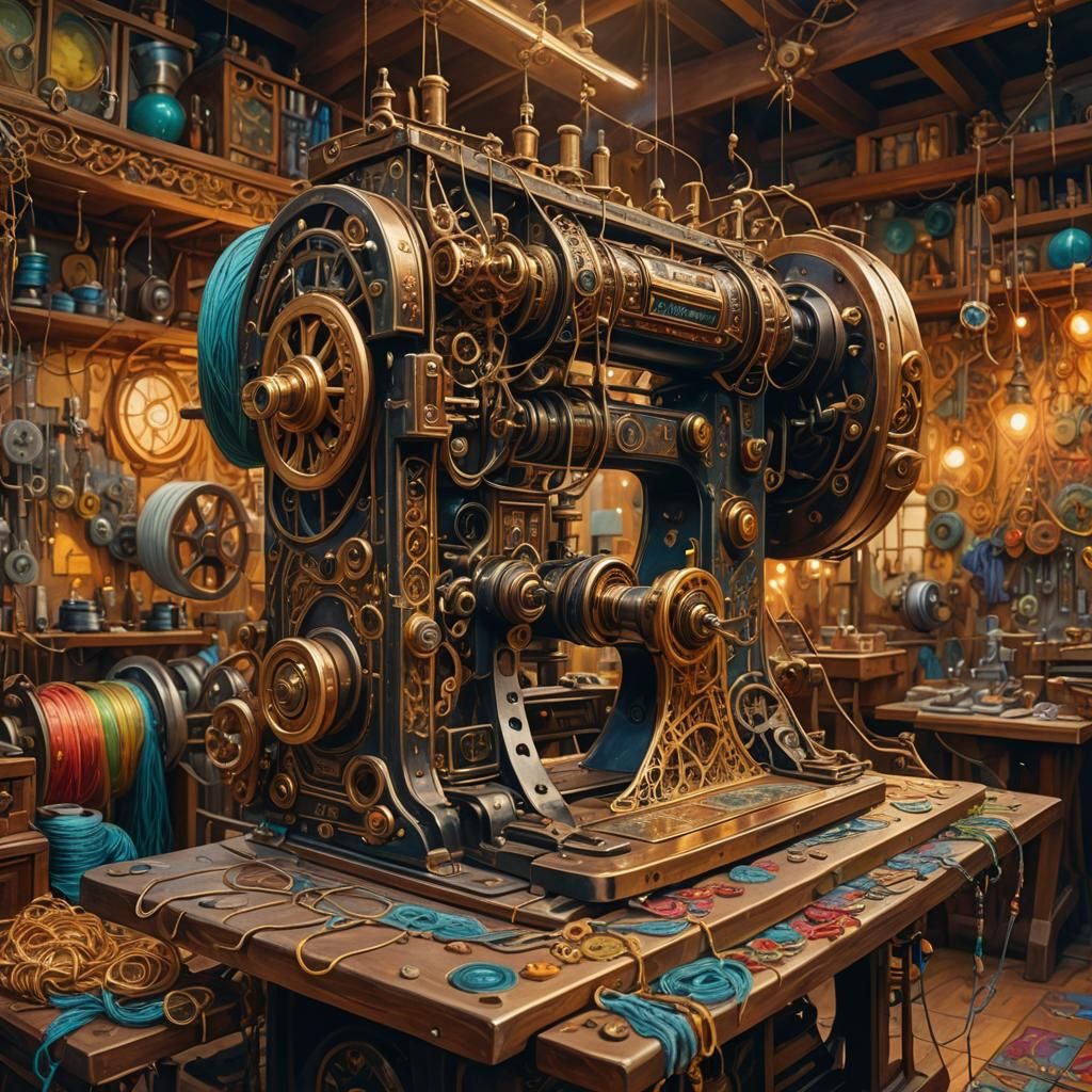 Giant Sewing Machine in Mystical Workshop, Oil Painting