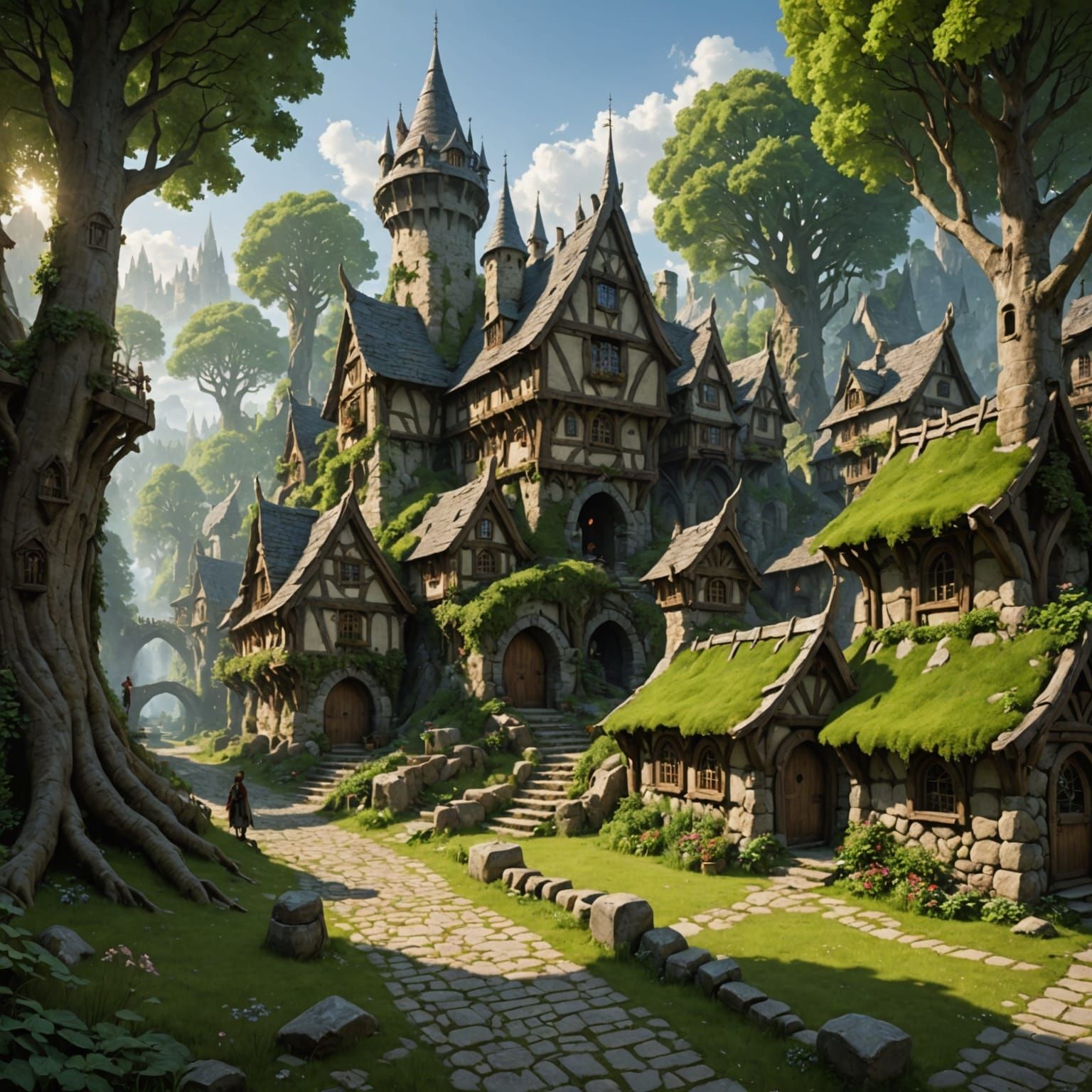 An elven town, built right in the ancient forest, seamlessly...