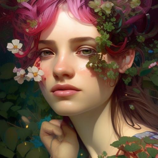 Hyperdetailed Portrait in Flower Garden, Art Nouveau Style