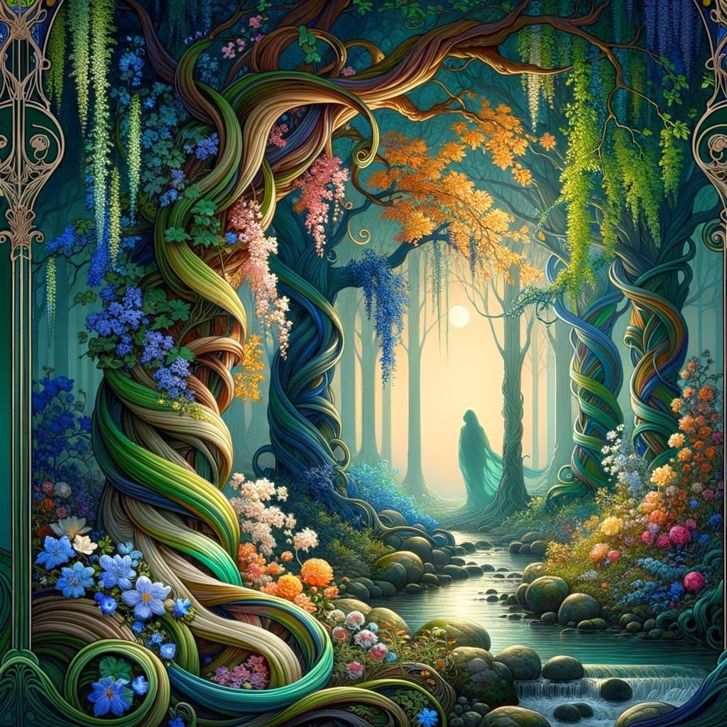 Art Nouveau Spring Forest with Hooded Figure