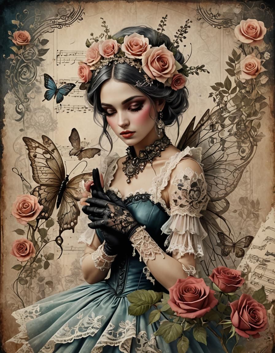 Vintage Grunge Fairy with Flowers and Lace
