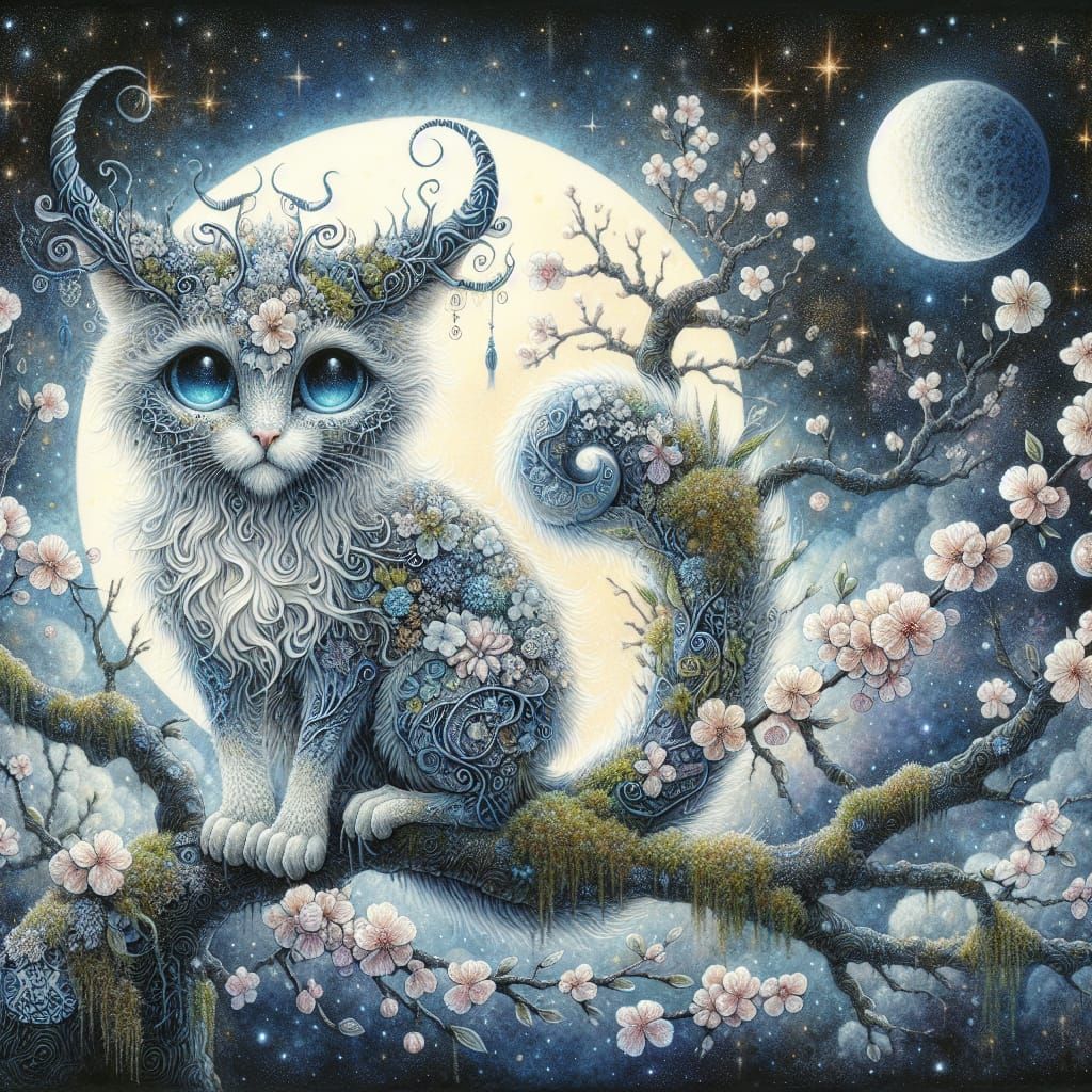Whimsical Forest Cat in Moonlit Woodland Fantasy Art