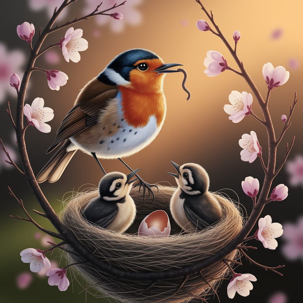 Robin Guardian at Sunrise Over Nest