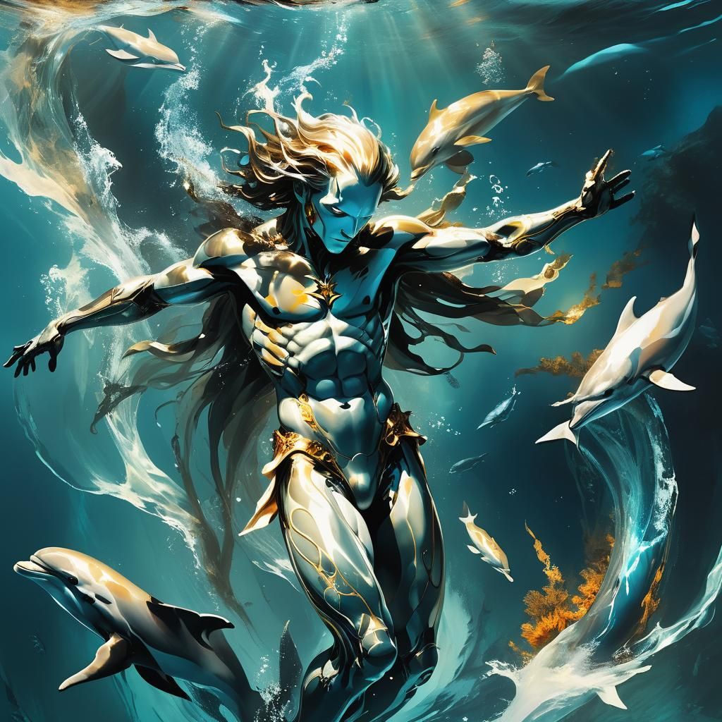 Aquatic Humanoid Swimming with Dolphins in Baroque Style