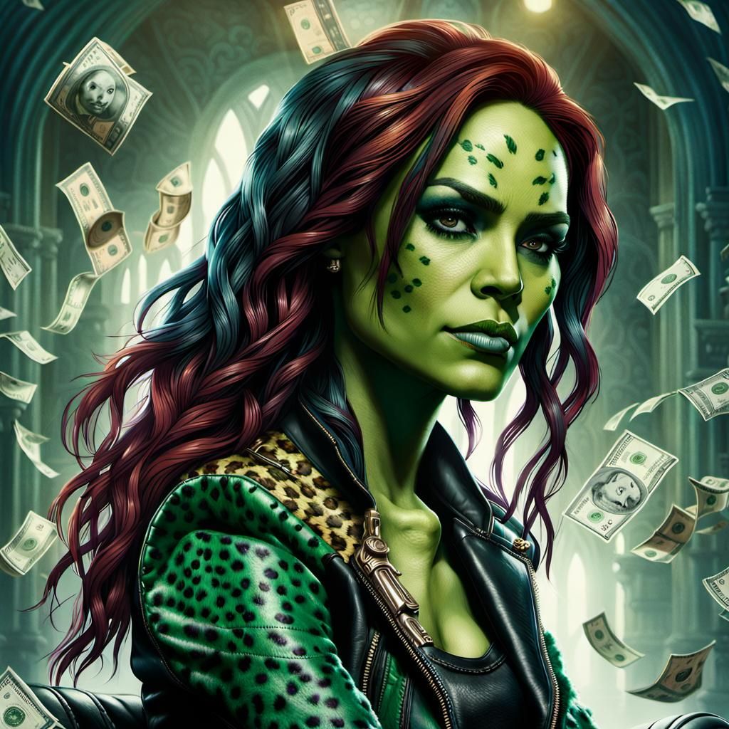 Gamora on Throne in Green Cheetah Fur Jacket