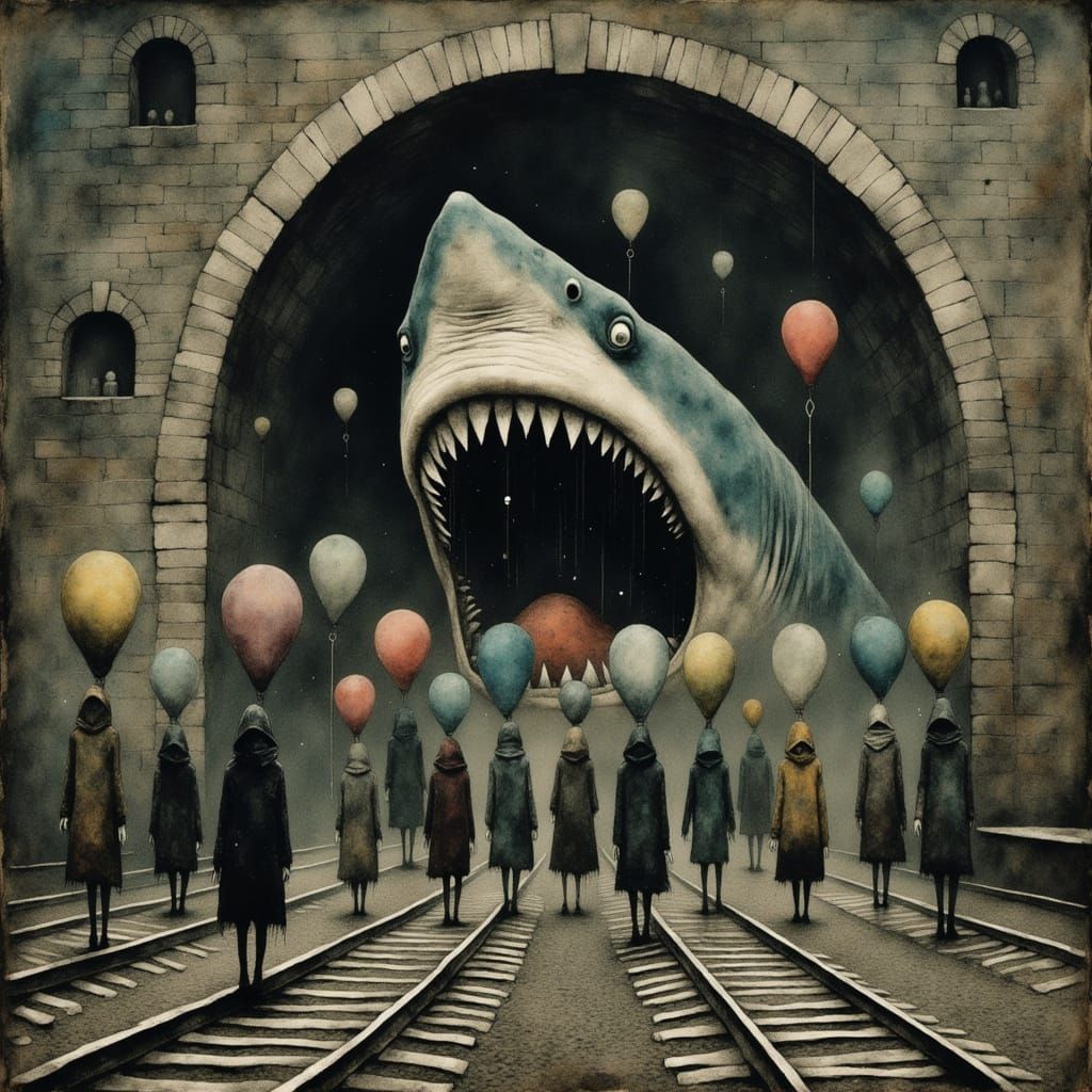 Shark Erupts from Gothic Tunnel Amidst Hot Air Balloons