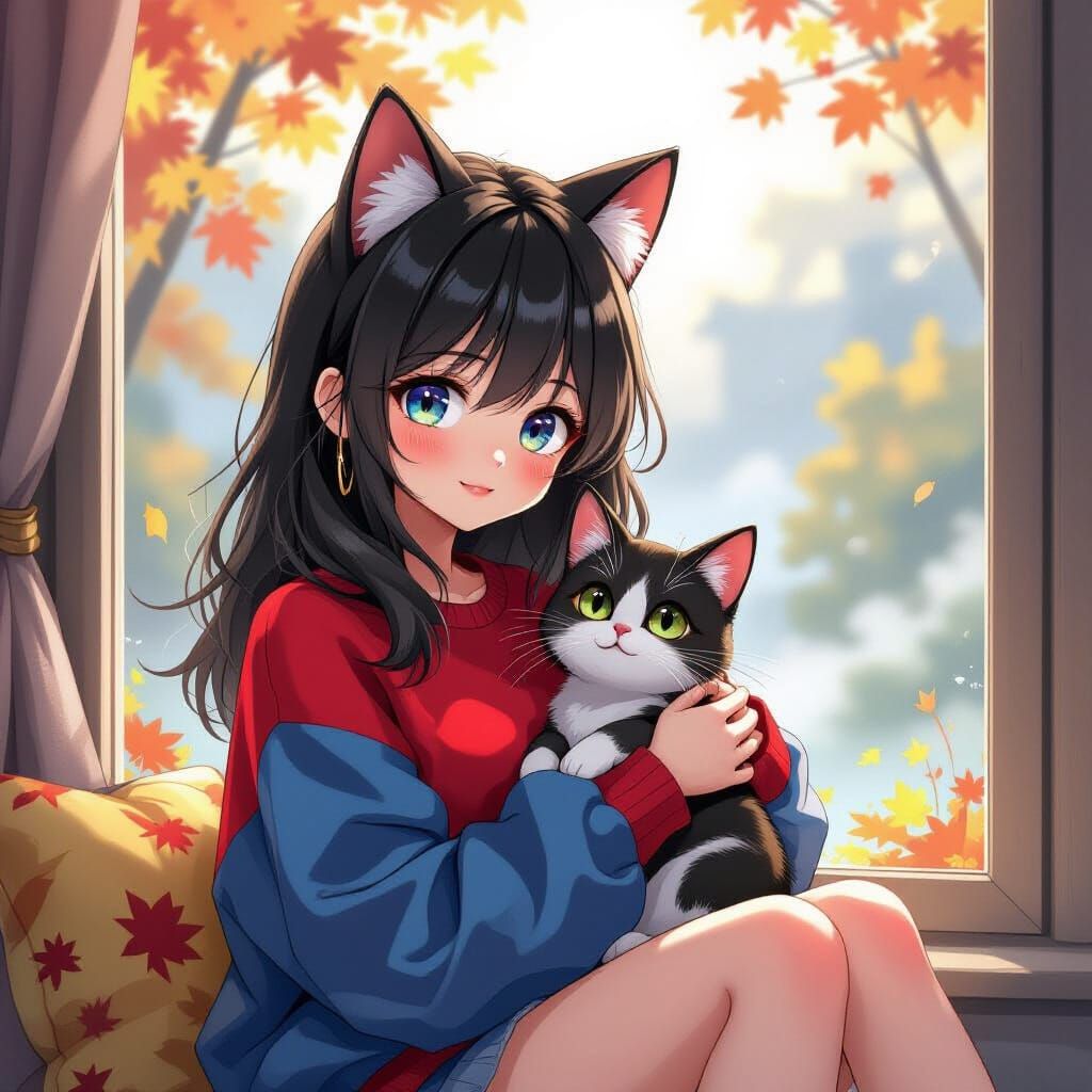 Anime Girl with Cat Ears and Pet Cat by Autumn Window