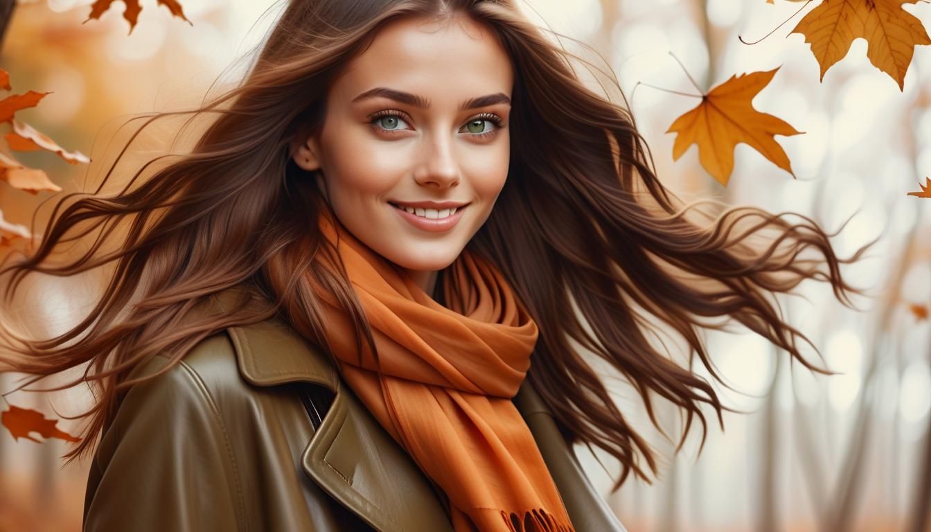 Smiling Woman in Windy Autumn Forest