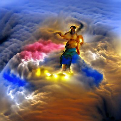 Greek God on Clouds with Volumetric Lighting