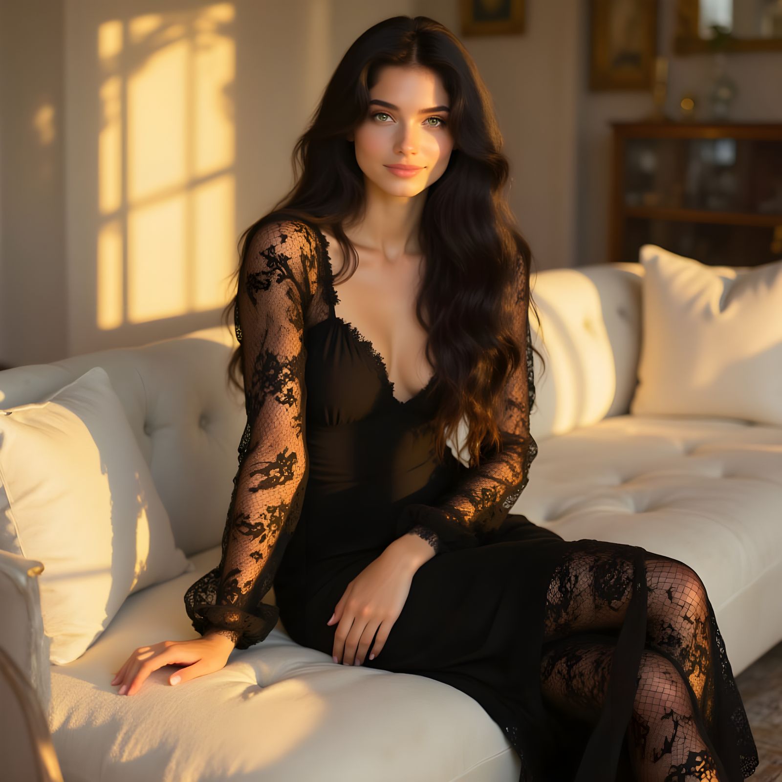 Elegant Woman in Torn Dress on White Sofa