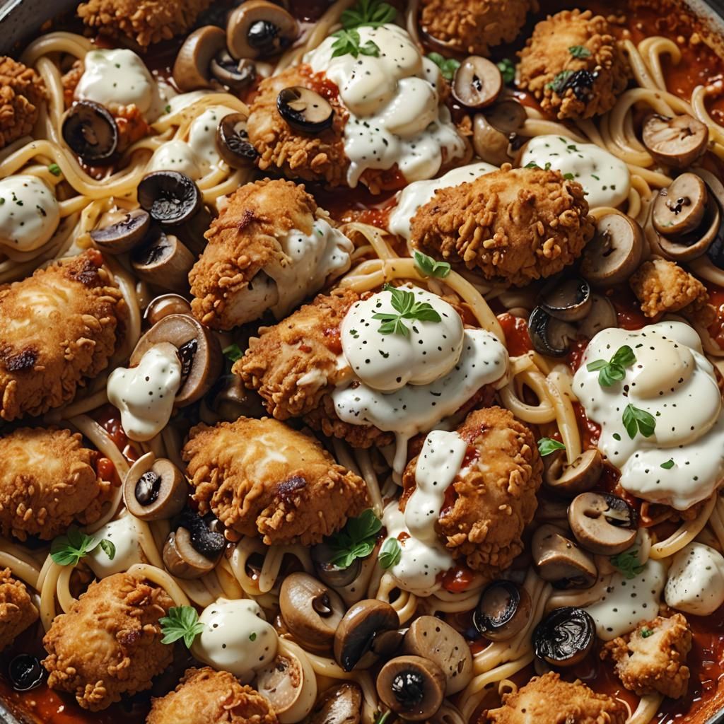 Fried Chicken Parmigiana Pasta in 3D Cinematic Style