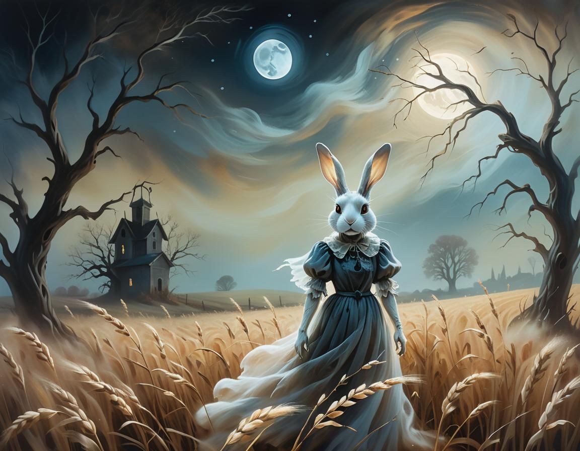 Ghost Rabbit Haunts Field in Ethereal Surrealism