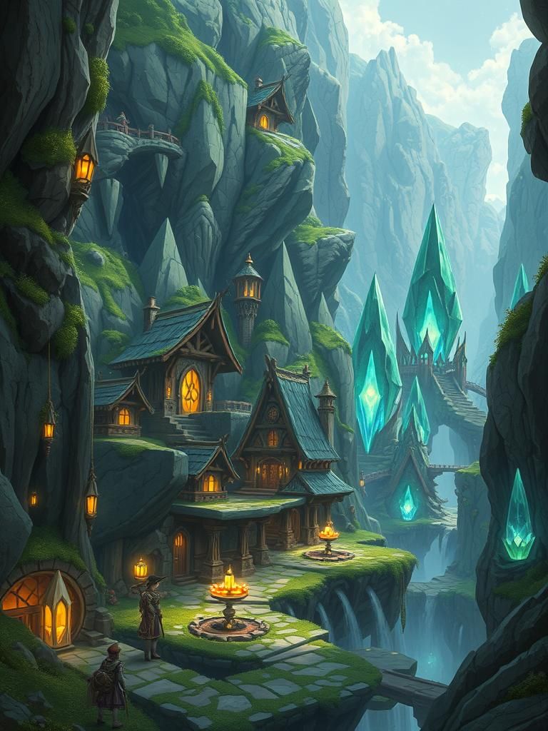 Mystical Village in Gemstone Canyon: Fantasy Art