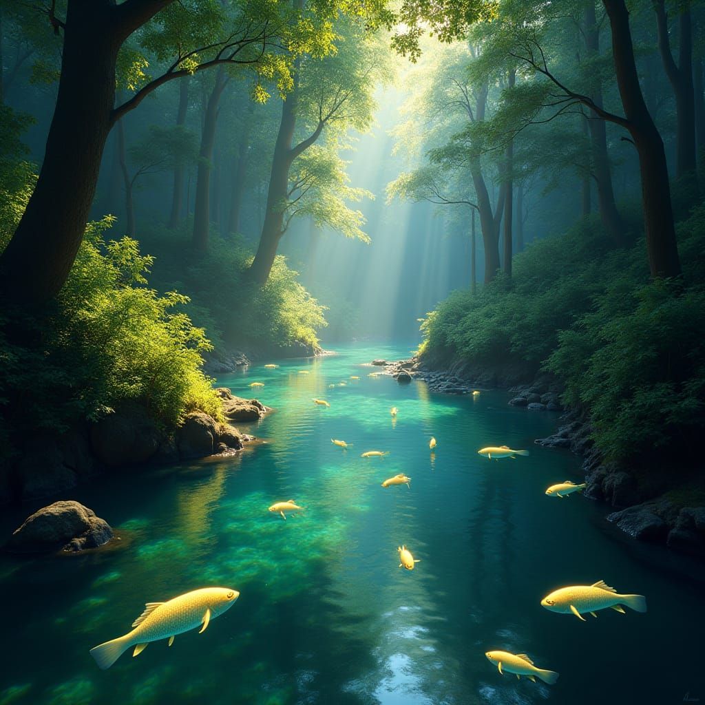 Luminous Fish in Forest River, Digital Matte Painting