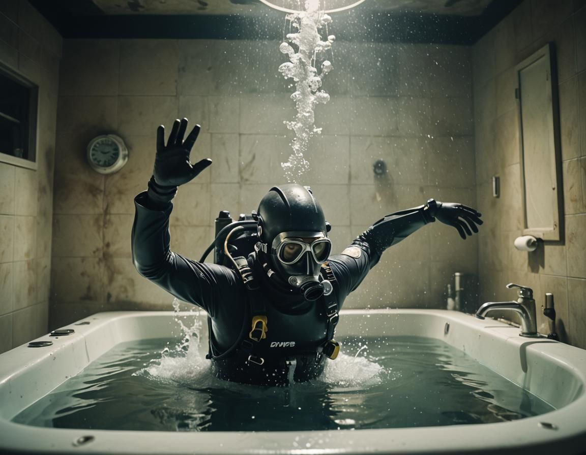 Scuba Diver Plunges Into Bathtub: Cinematic Still