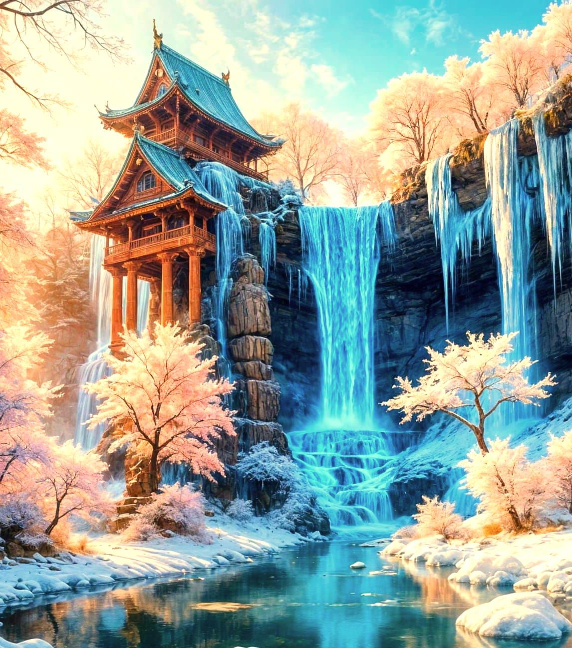 Ethereal Temple on Pastel Mist-Covered Pink Quartz Cliff