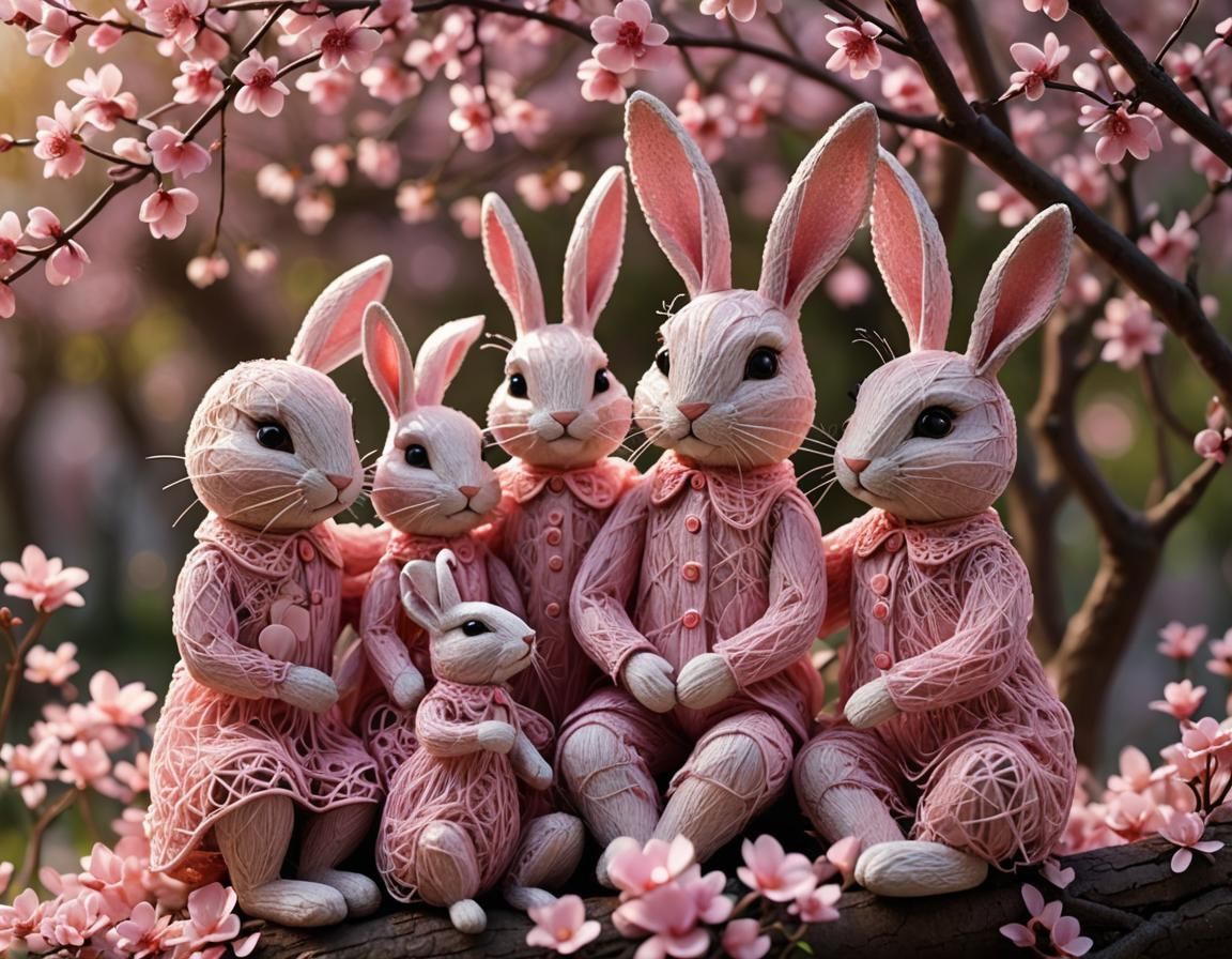 String-Art Rabbit Family Sculpture in Pink Light