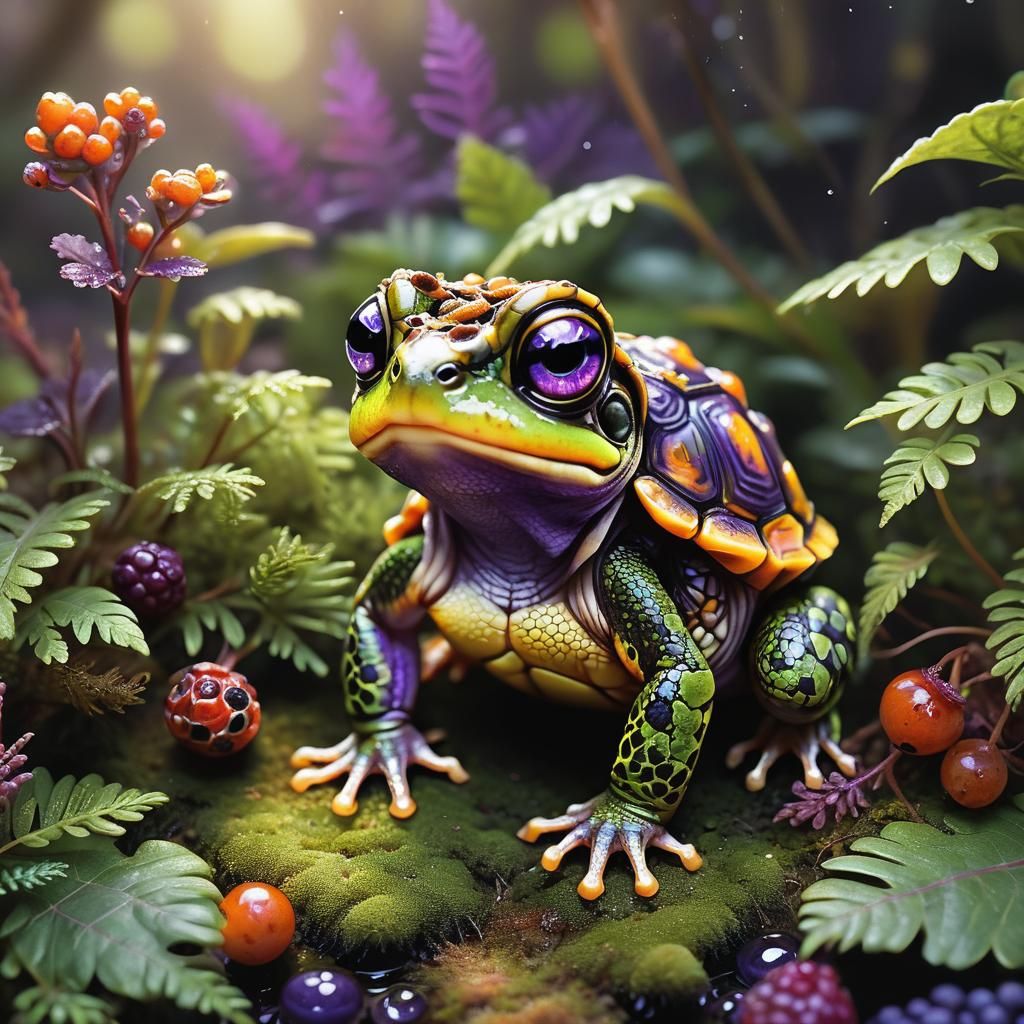 Frog-Tortoise Hybrid with Berry in Dreamlike Sci-Fi Style