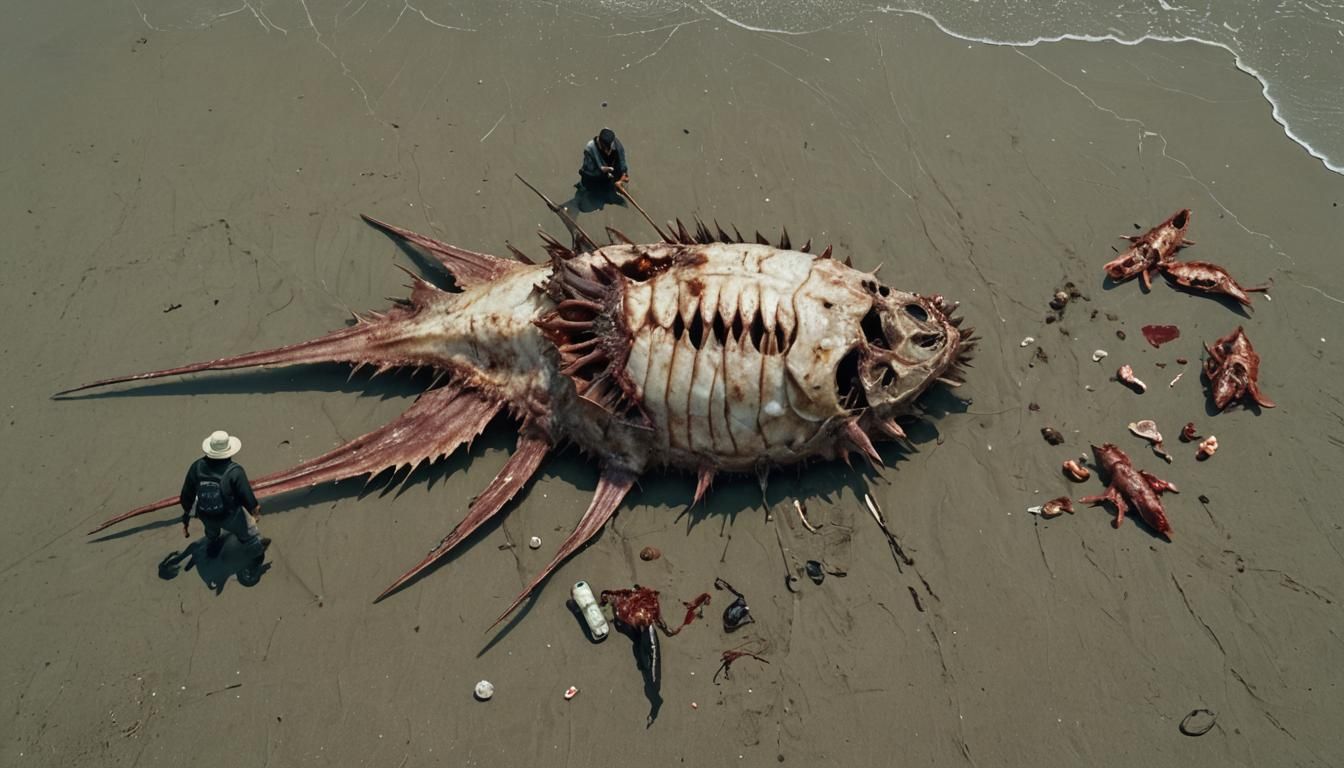 Hyperrealistic Insectoid Anglerfish Carcass on Beach