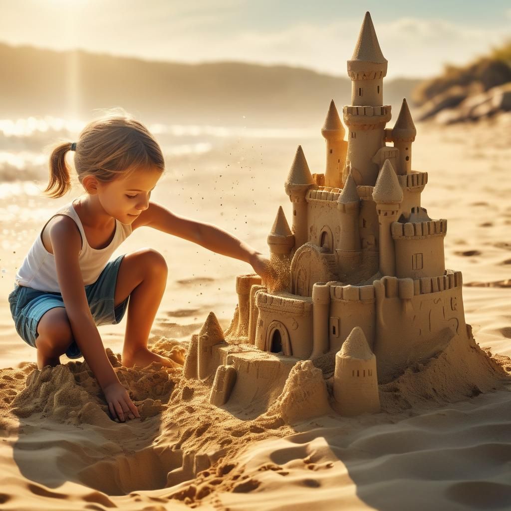 Child's Dreamy Sandcastle on a Sunny Beach