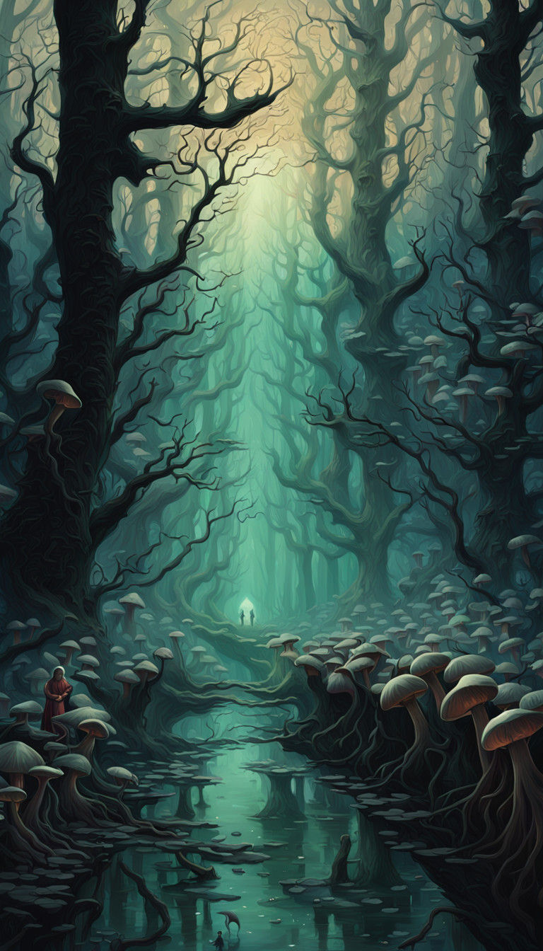 Dark Fantasy Figure Emerges from Forest Shadows