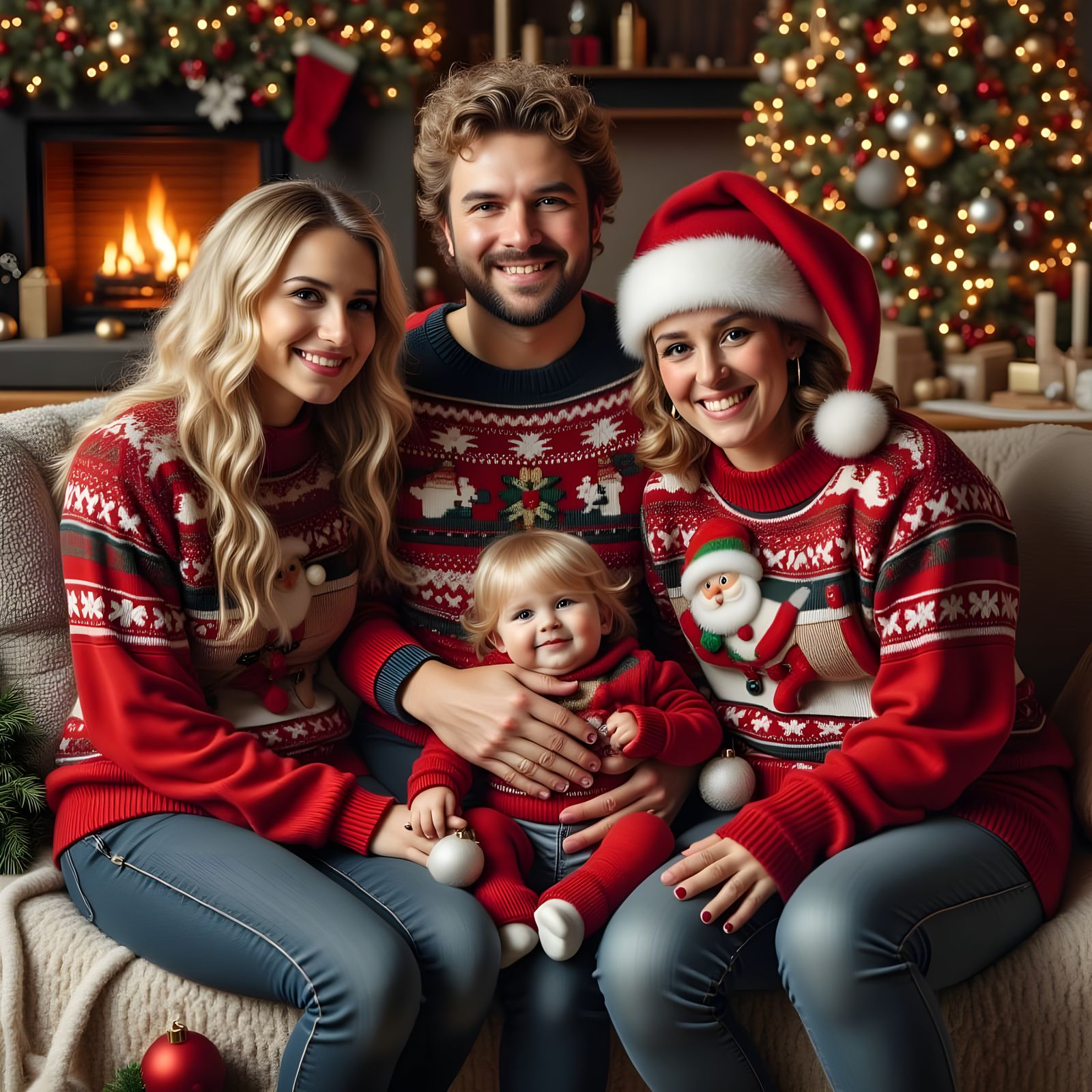 Joyful Family Celebrates Christmas in Colorful Sweaters
