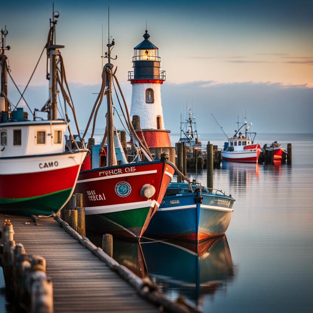 Fishing Boats at Pier with Lighthouse View