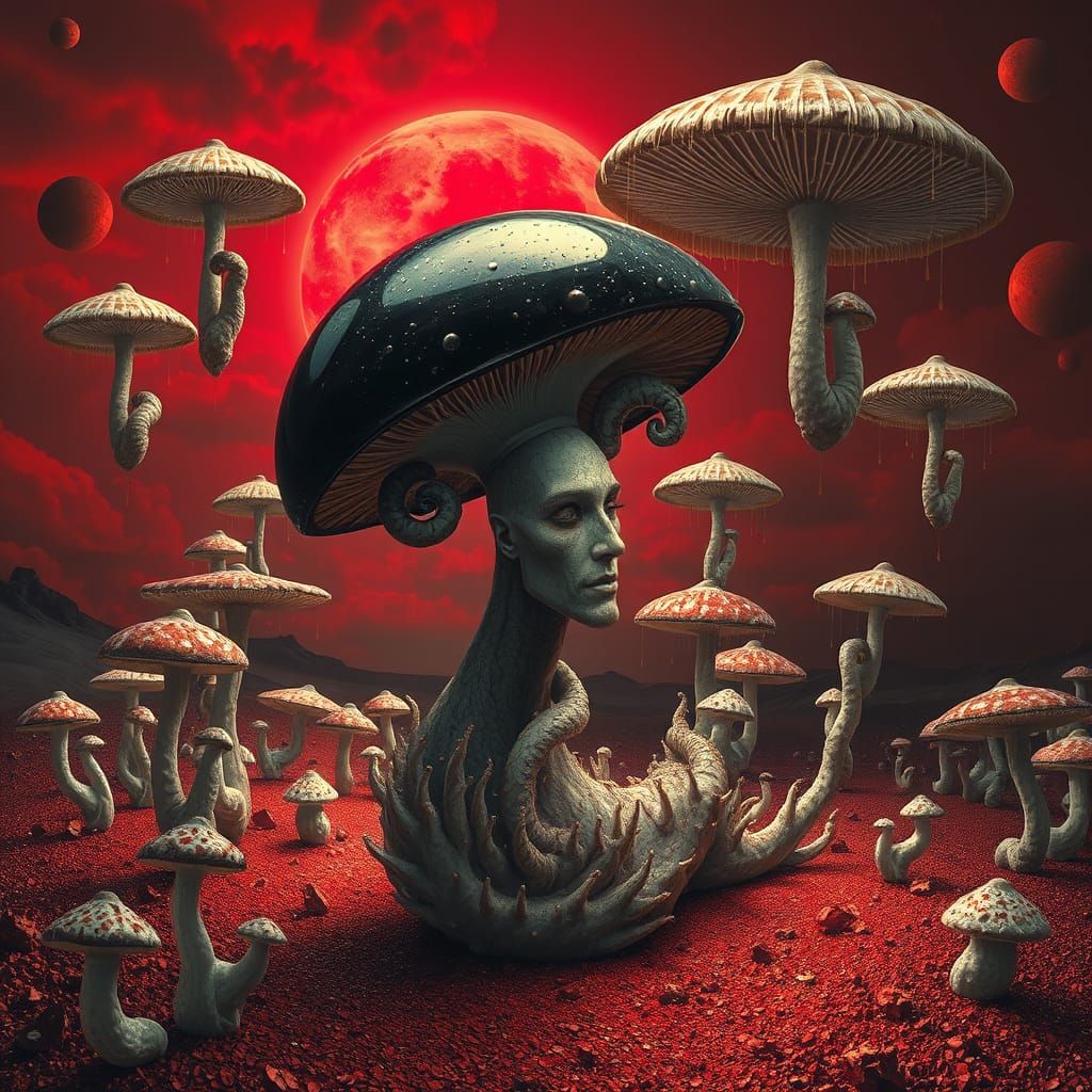 Surreal Fungal Oracle in Sci-Fi Landscape