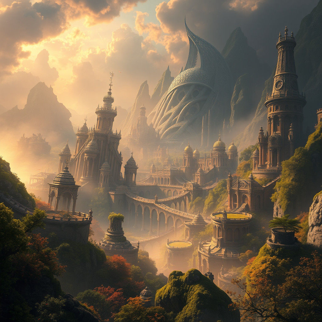 Mystical Dreamlike Cityscape in Golden Light