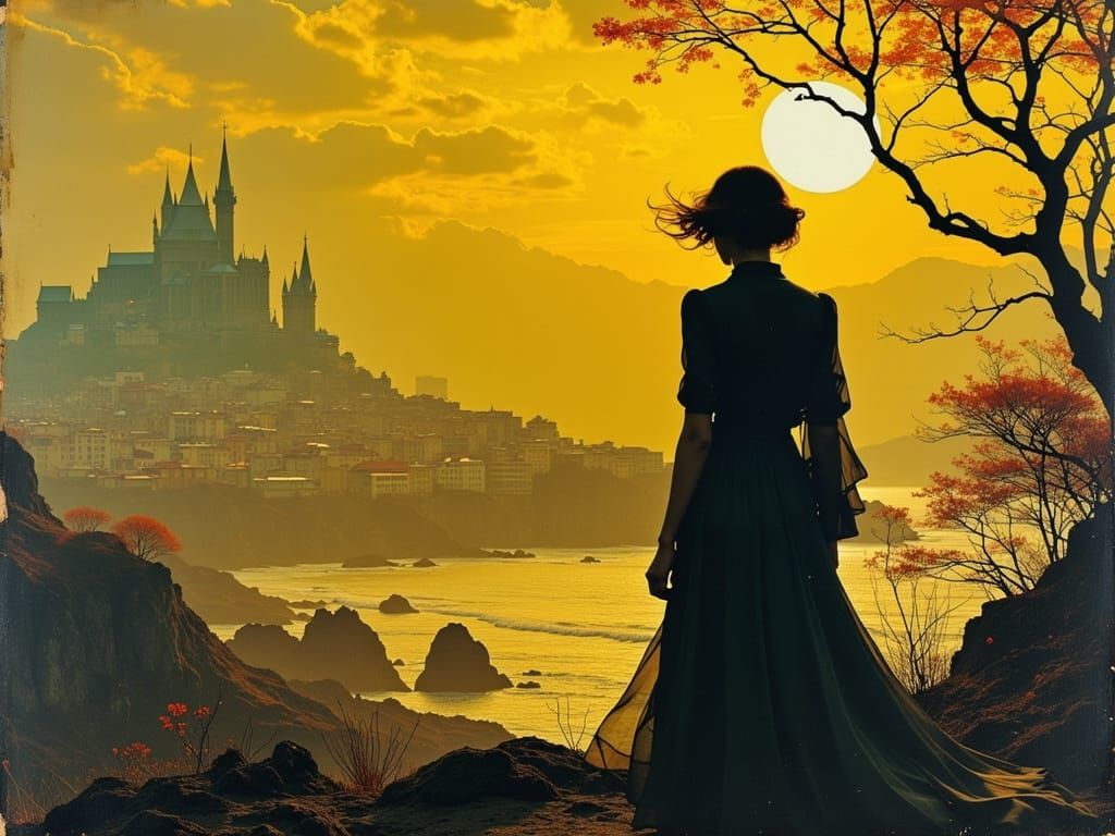 Vibrant Amber and Teal Action Scene in Art Nouveau Style