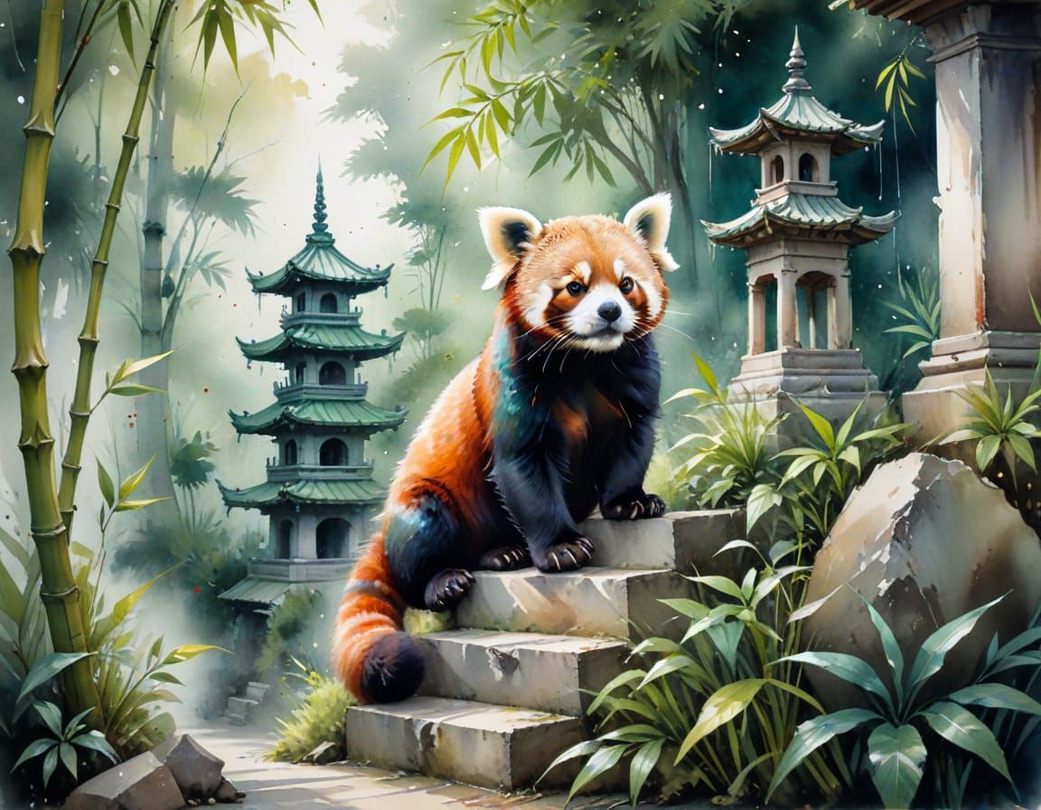 Red Panda in Bamboo Garden: Watercolor Style