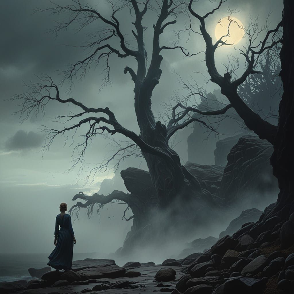 Surrealist Woman on Rocky Coastline in Chiaroscuro