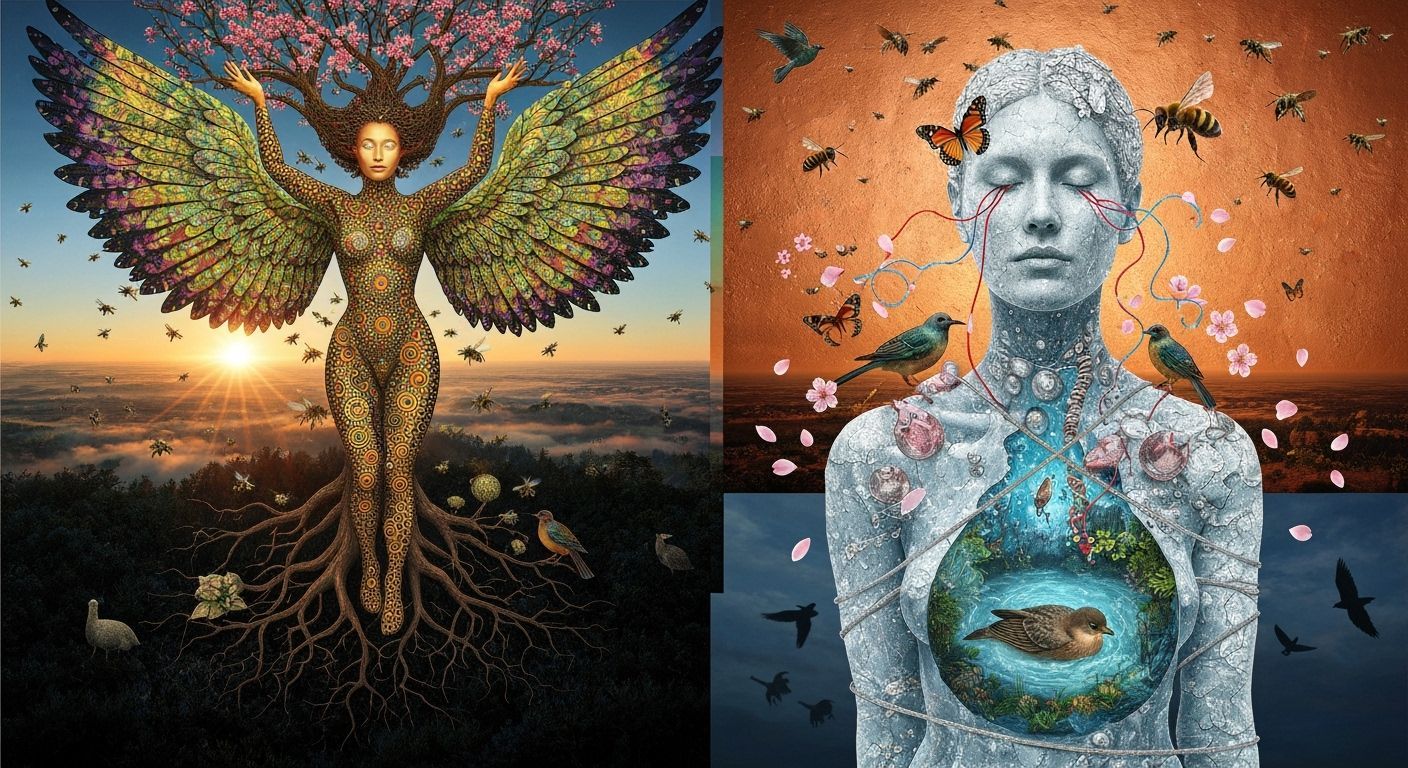 Surreal Bio-Art of Winged Woman in Mystical Forest