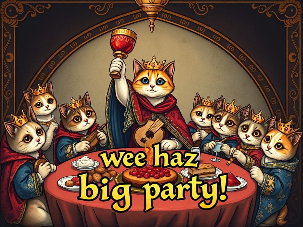 Regal Lolcats in a Whimsical Medieval Feast