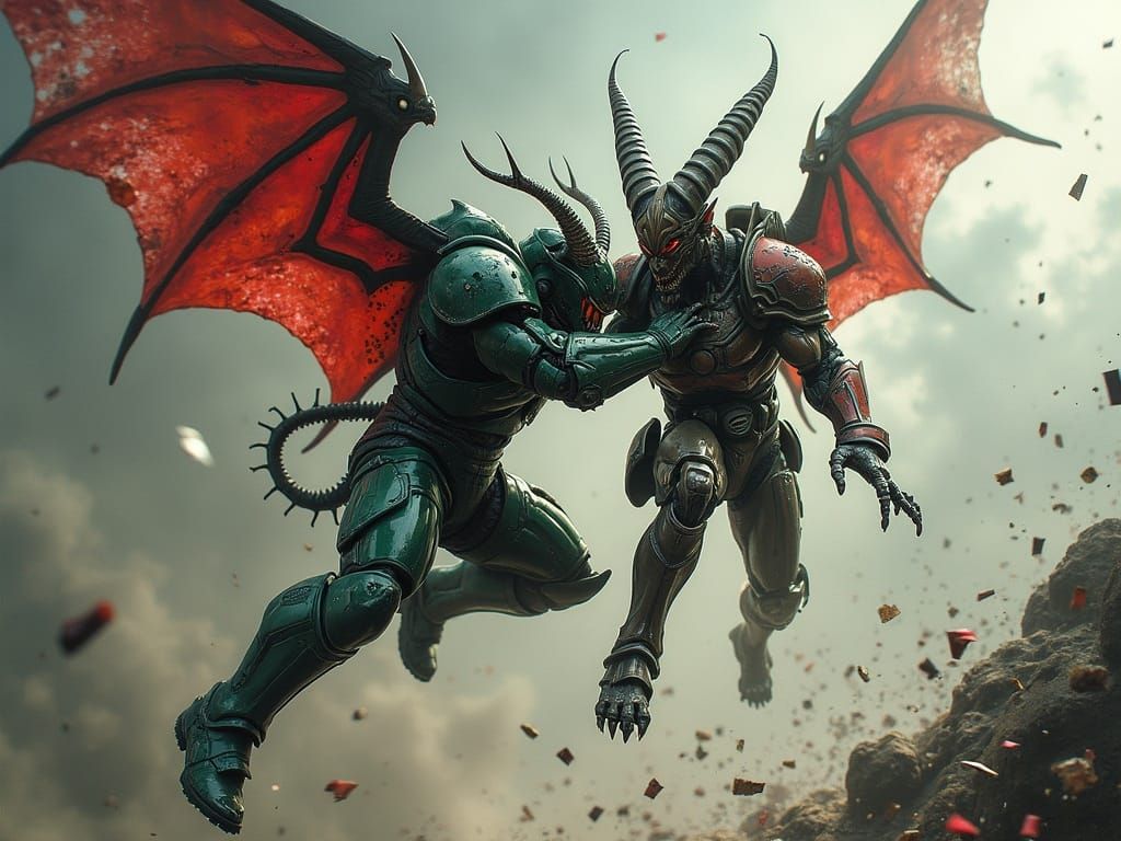 Warrior Grapples Demon in Free-Fall Battle