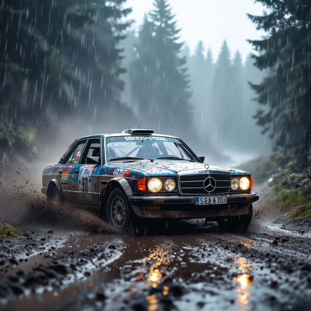 Mud Splattered Mercedes Rally Car Drifting in Intense Rain