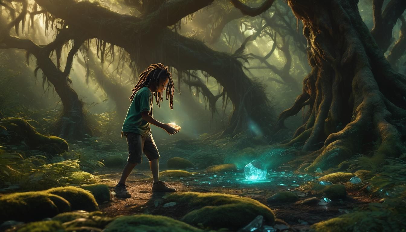 Boy Finds Diamond in Mystical Forest: Fantasy Concept Art