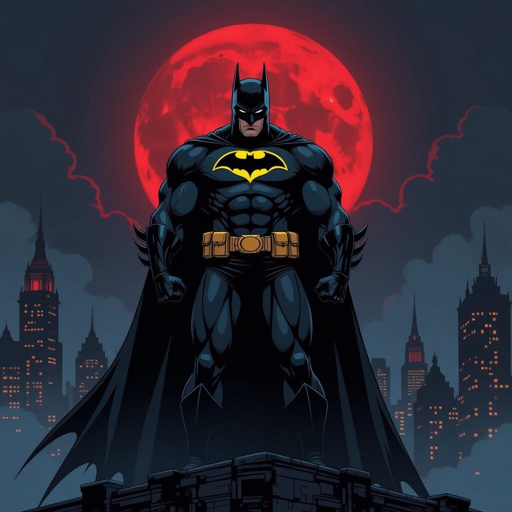 Batman Bodybuilder in Black Armor Over Gothic City