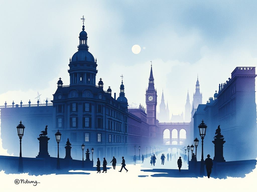 Blue Violet Victorian Cityscape in Ink Wash Style