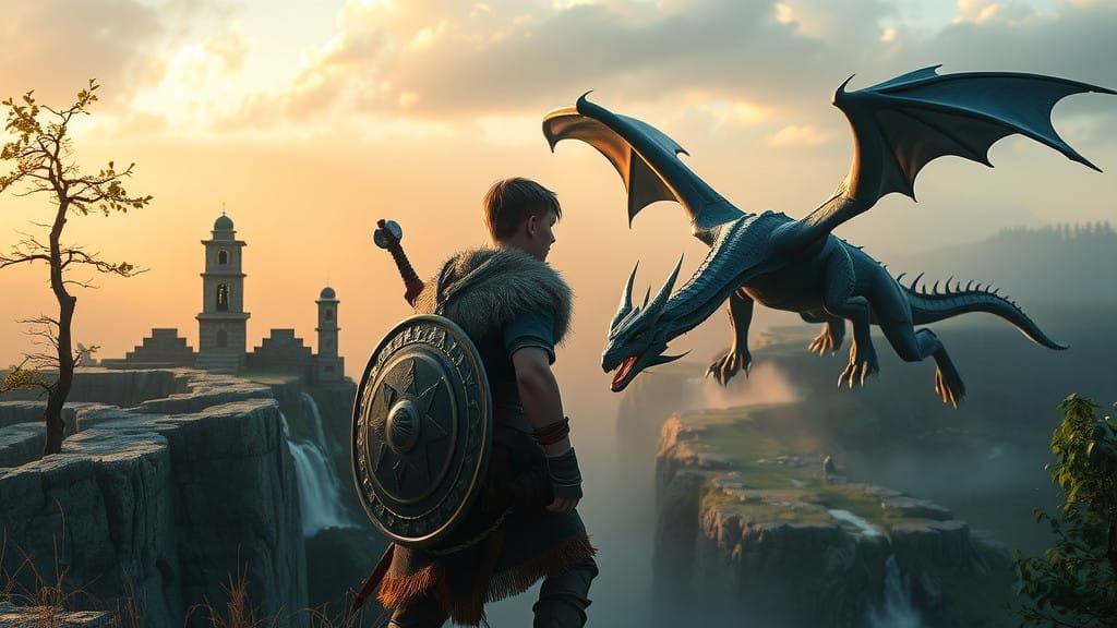 Viking Warrior Stands on Cliffside, Gazing Out at Majestic D...