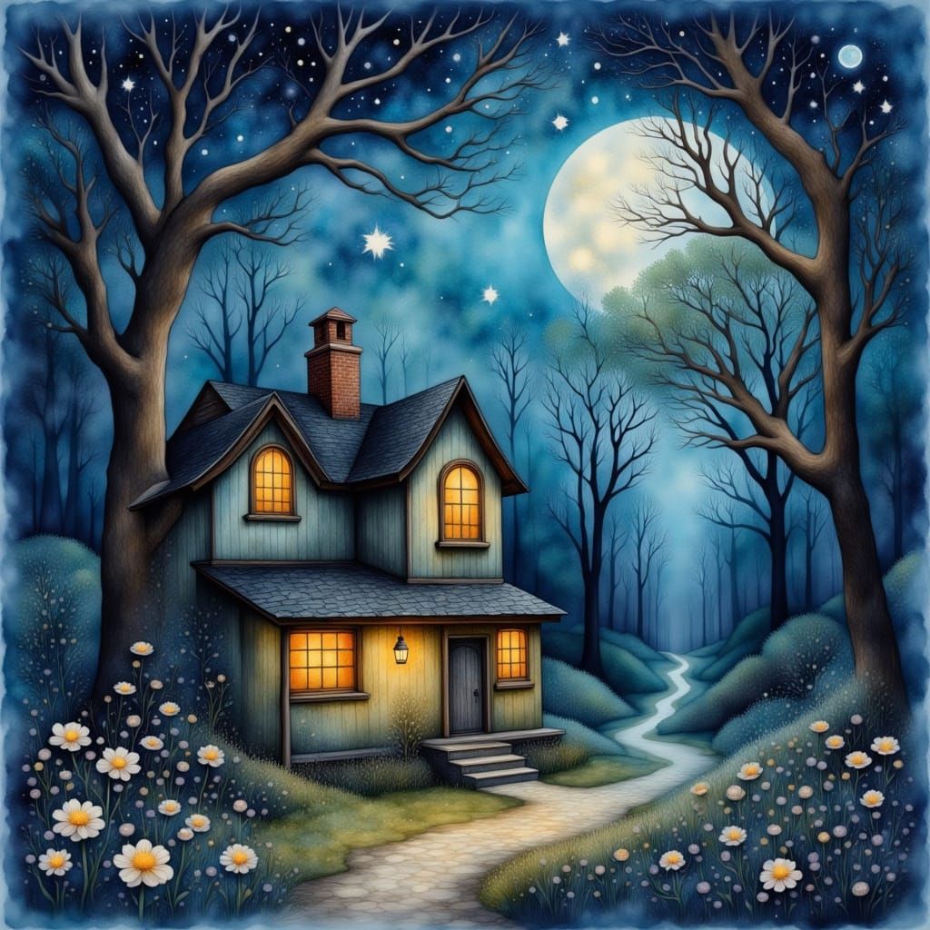 Romantic Cottage Under Starry Night Sky