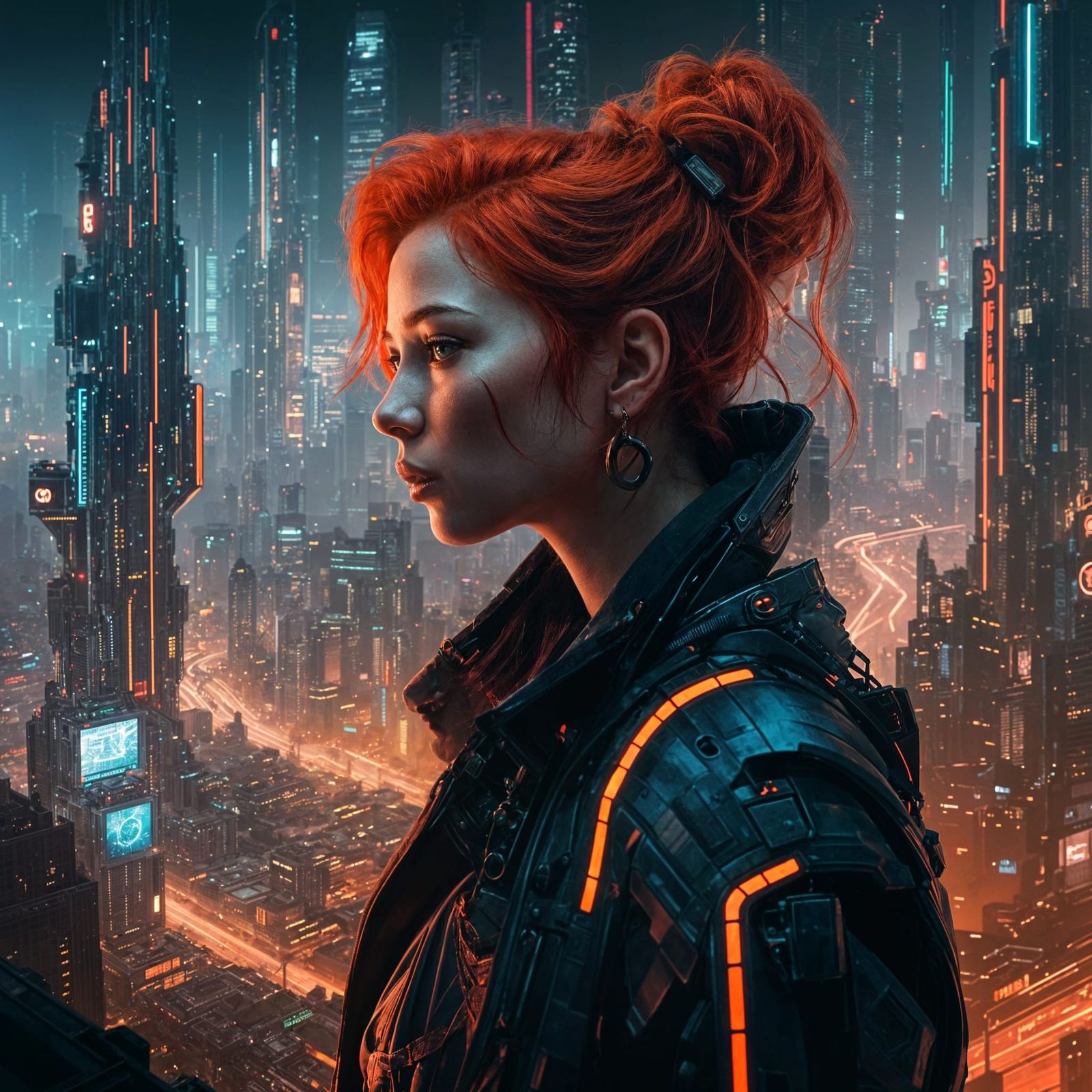Red-Haired Cyberpunk Woman in Futuristic Metropolis