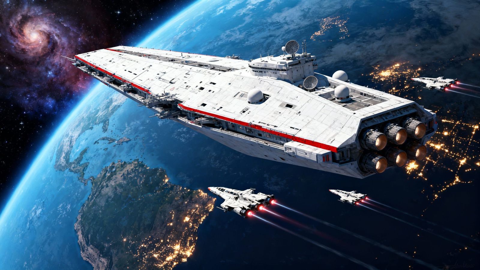 Massive White Space Dreadnaught Patrols Blue Planet