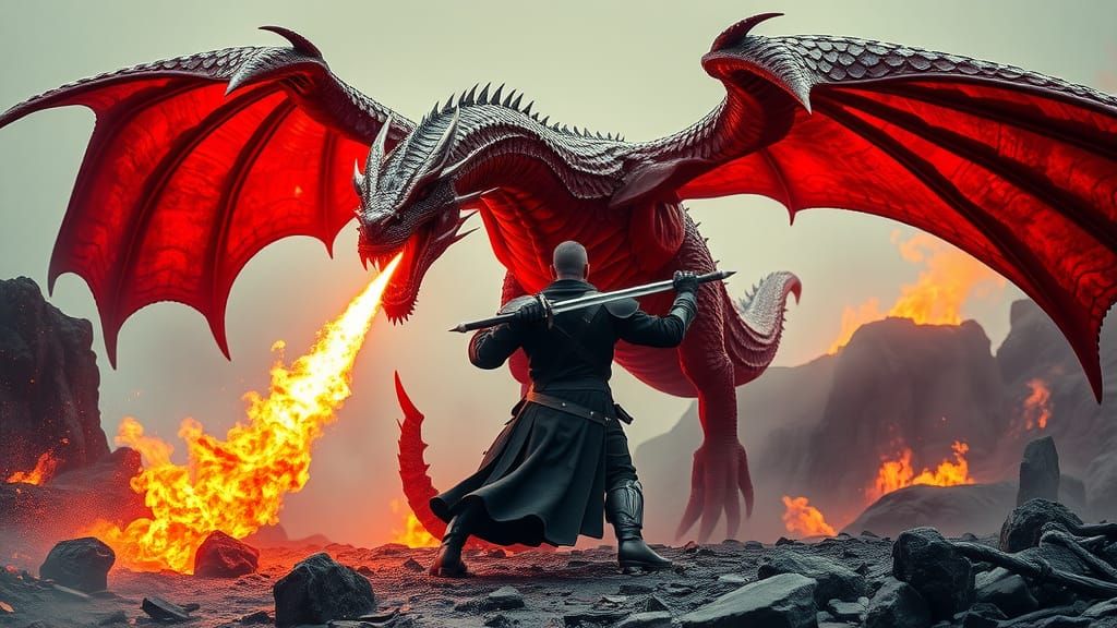 epic fight moment between a huge red dragon and a knight