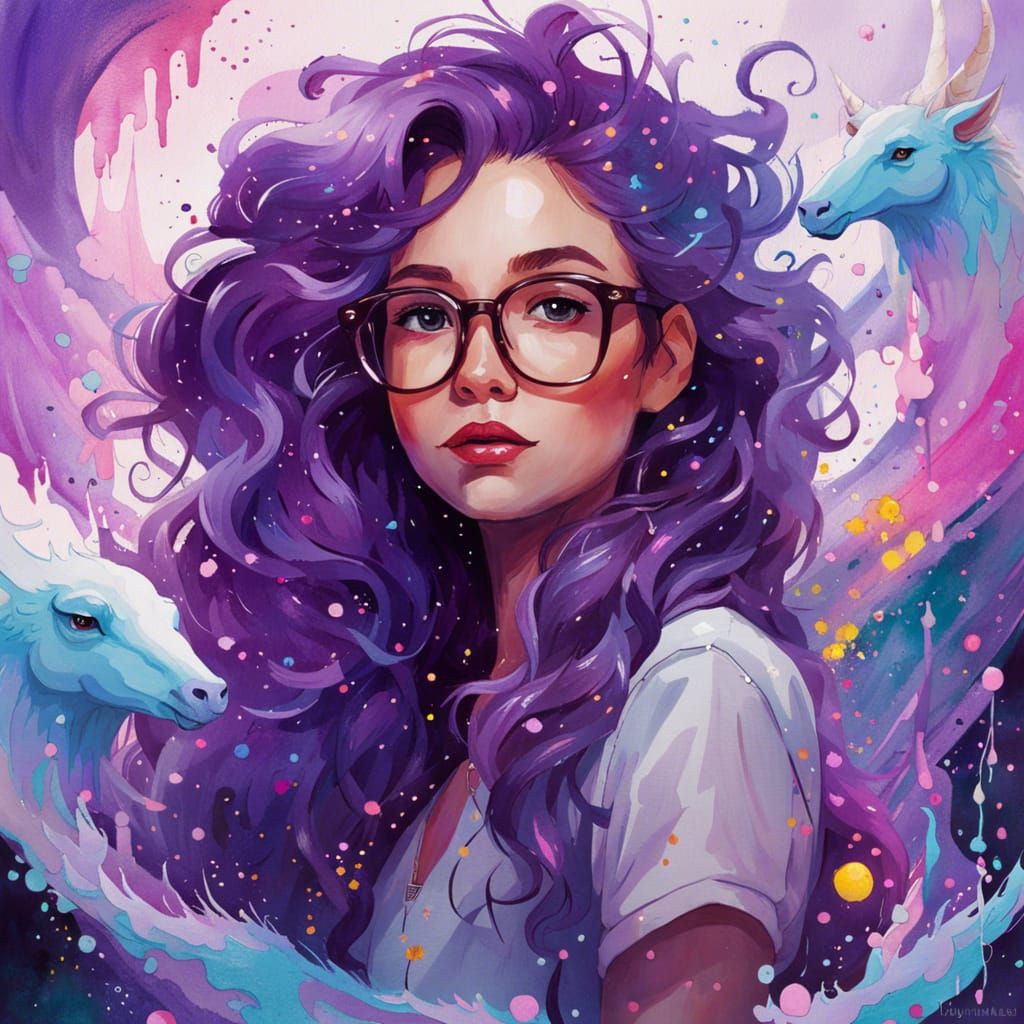 Cute Unicorn Girl with Purple Hair, Gouache Painting