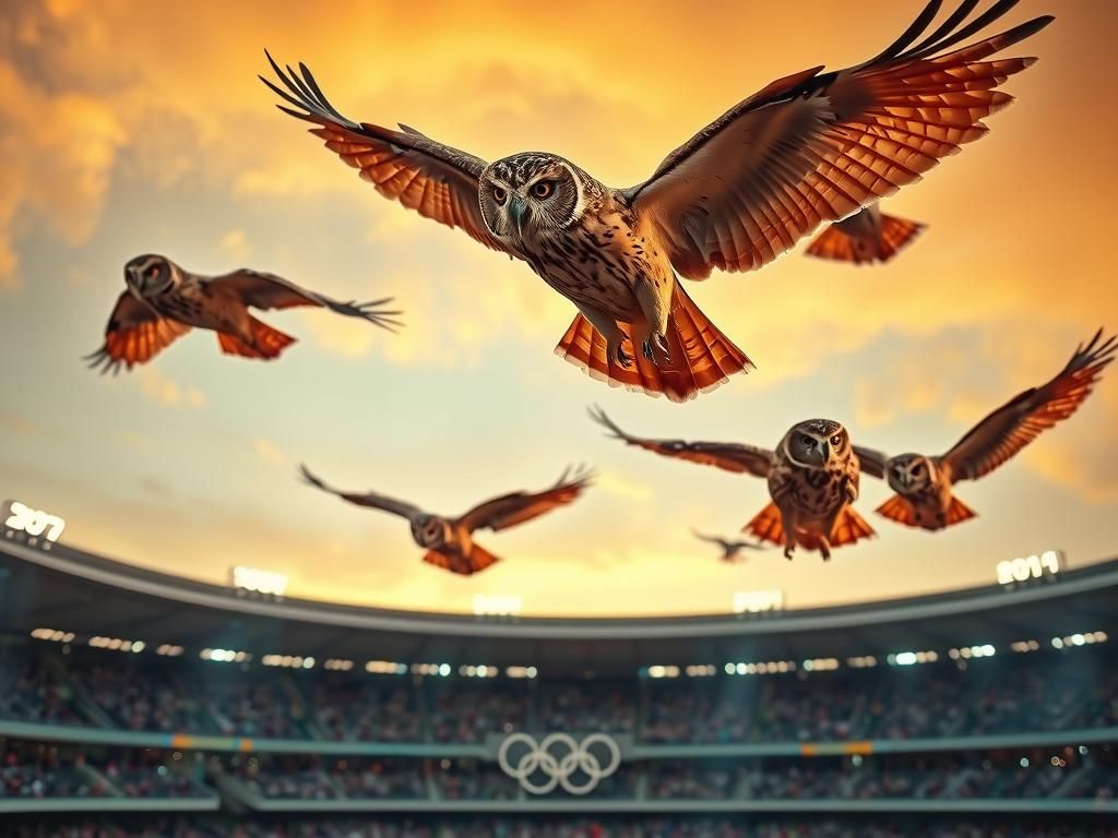 Owls Soaring Above Berlin Olympiastadion in Cinematic Style