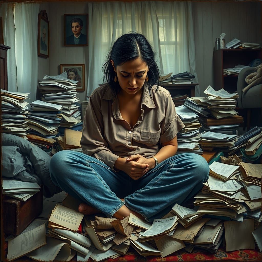 Mother Overwhelmed by Debt in a Haunting Melancholic Scene