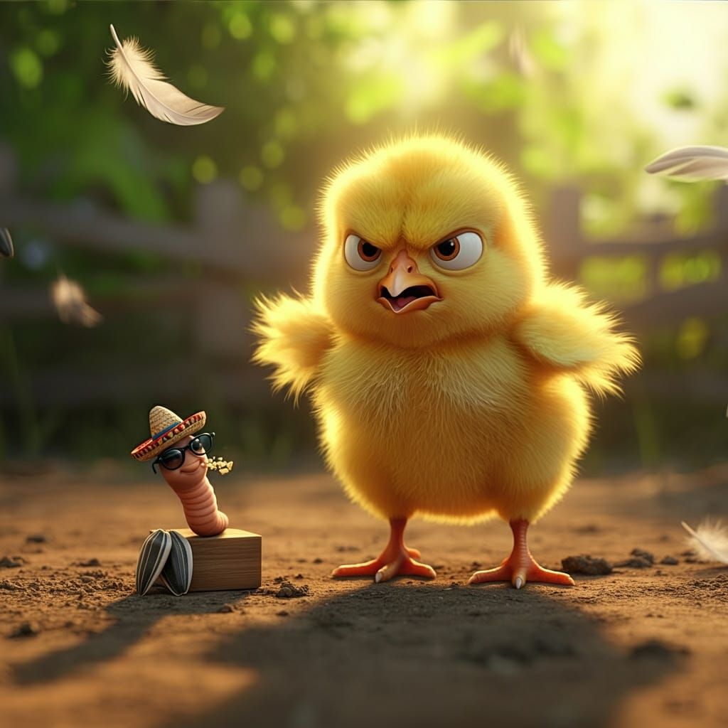 Grumpy Chick Protests Stolen Seed: A Hyperrealistic Farmyard...